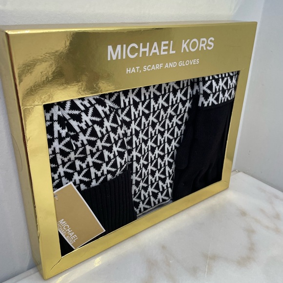 Michael Kors Accessories - NWT Michael Kors Monogram Black and White 3-piece Boxed Winter Set